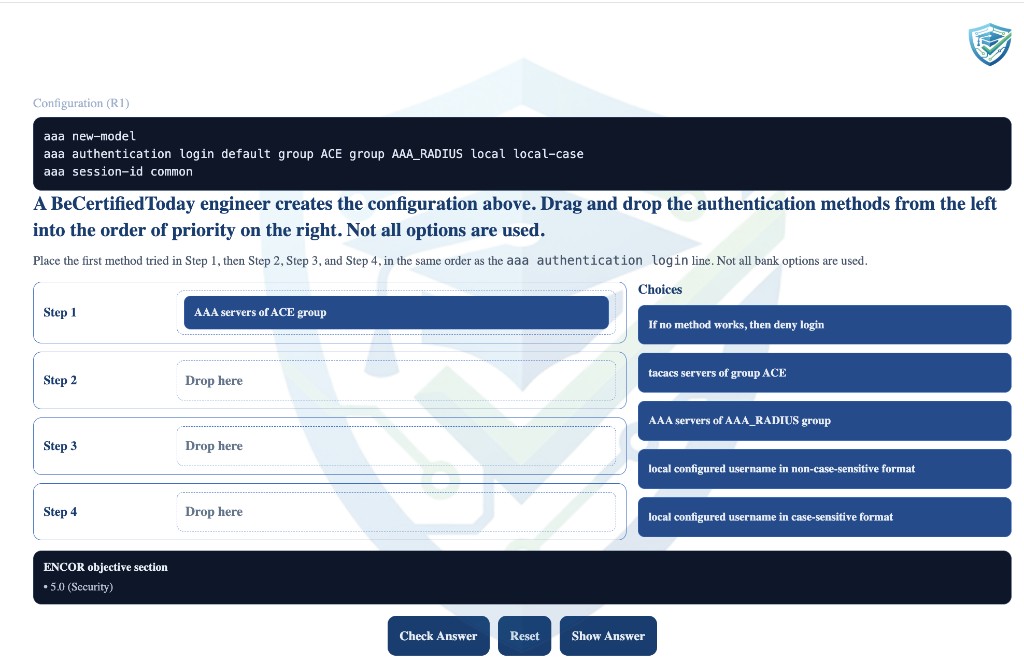 ENCOR drag-and-drop sample ordering AAA authentication methods into priority steps.