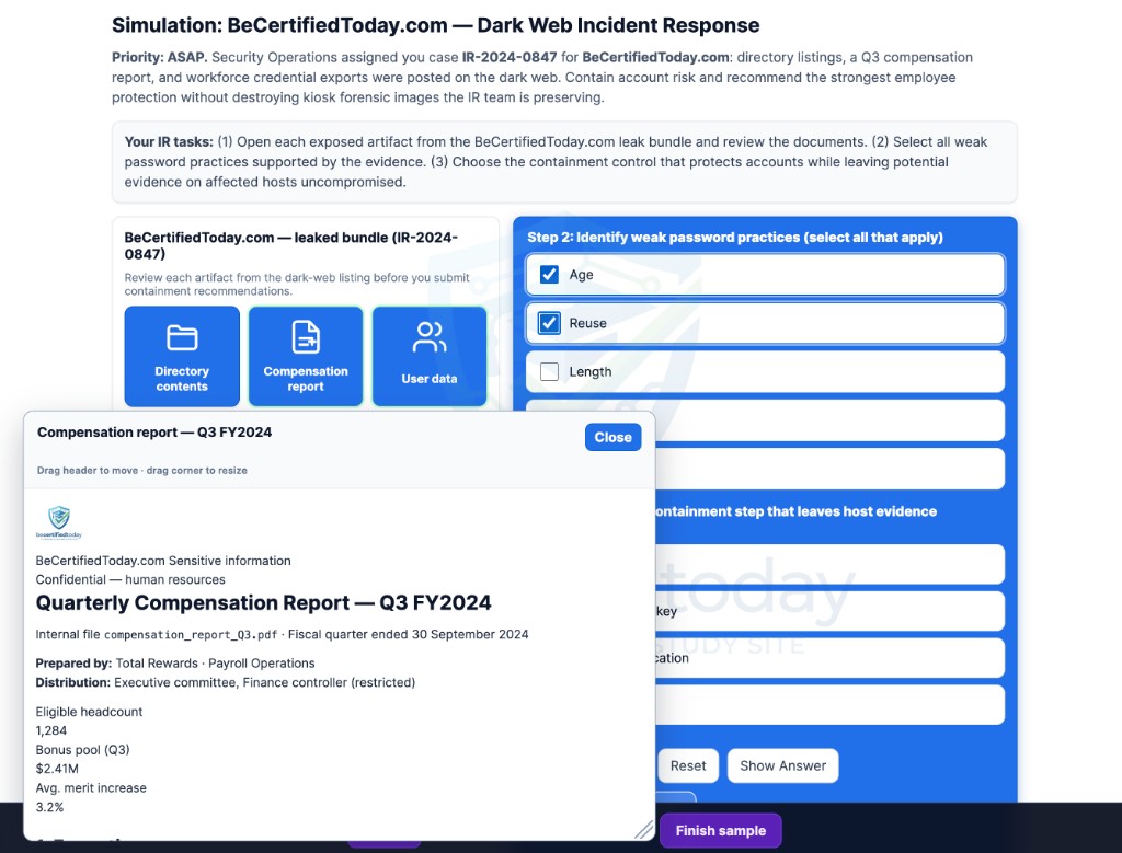 Security+ dark web simulation with draggable compensation report window, leaked artifact tiles, and weak password practice checkboxes.