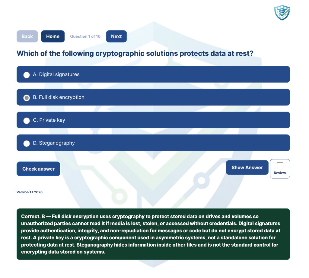 Security+ sample multiple-choice question with Back, Home, and Next navigation and instant feedback.