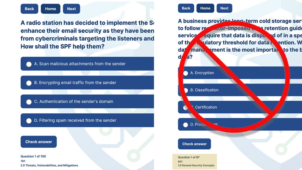 Side-by-side Security+ question examples showing an active SY0-701 tagged item and an outdated SY0-601 item marked as not part of the current active path.